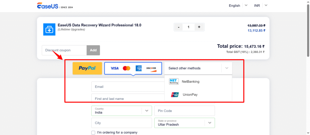 Choose Your Preferred Payment Method On EaseUS