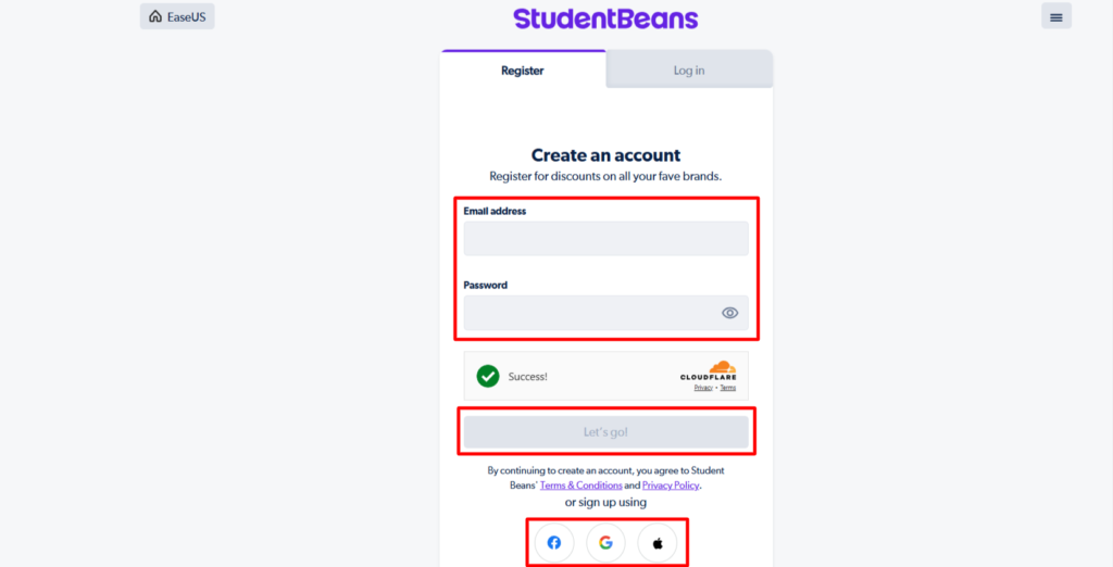 Register on StudentBeans